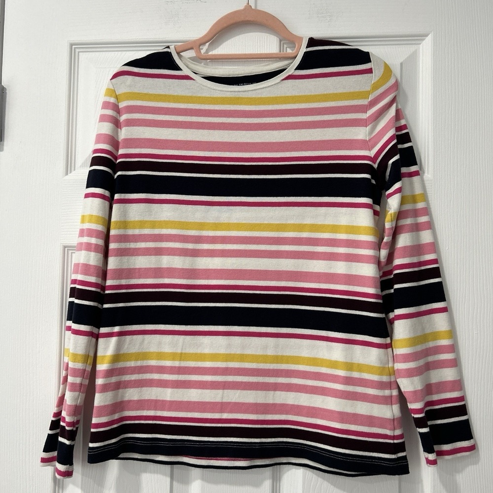 Talbots Tee Women's Size Medium White Pink Navy And Yellow Stripe long sleeve